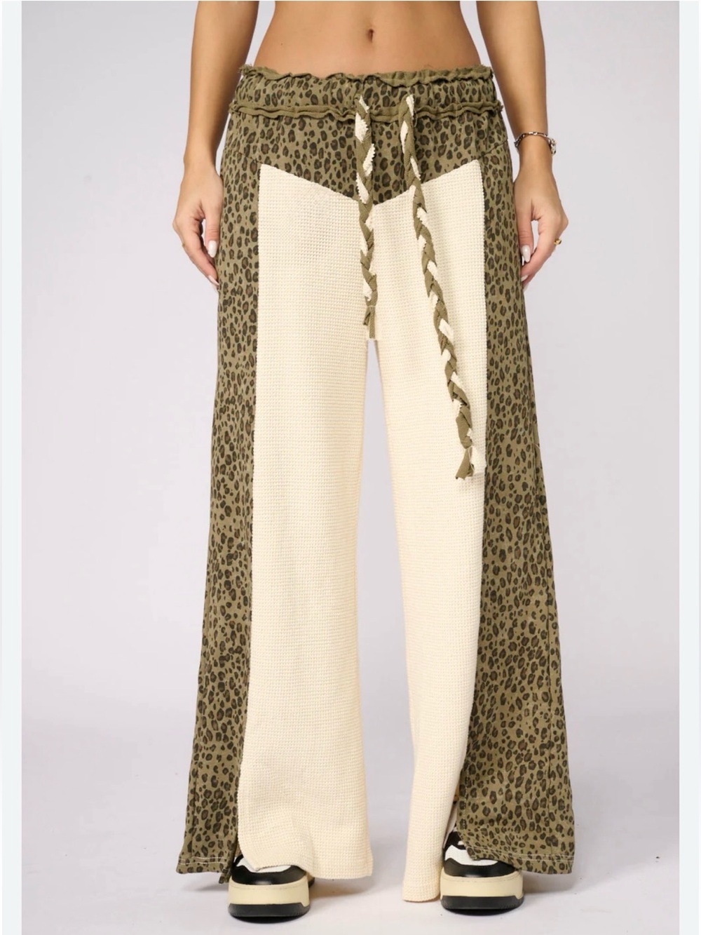 New: POL Animal Print Ribbed Cotton Contrast Rope Drawstring Wide Leg Pants• M